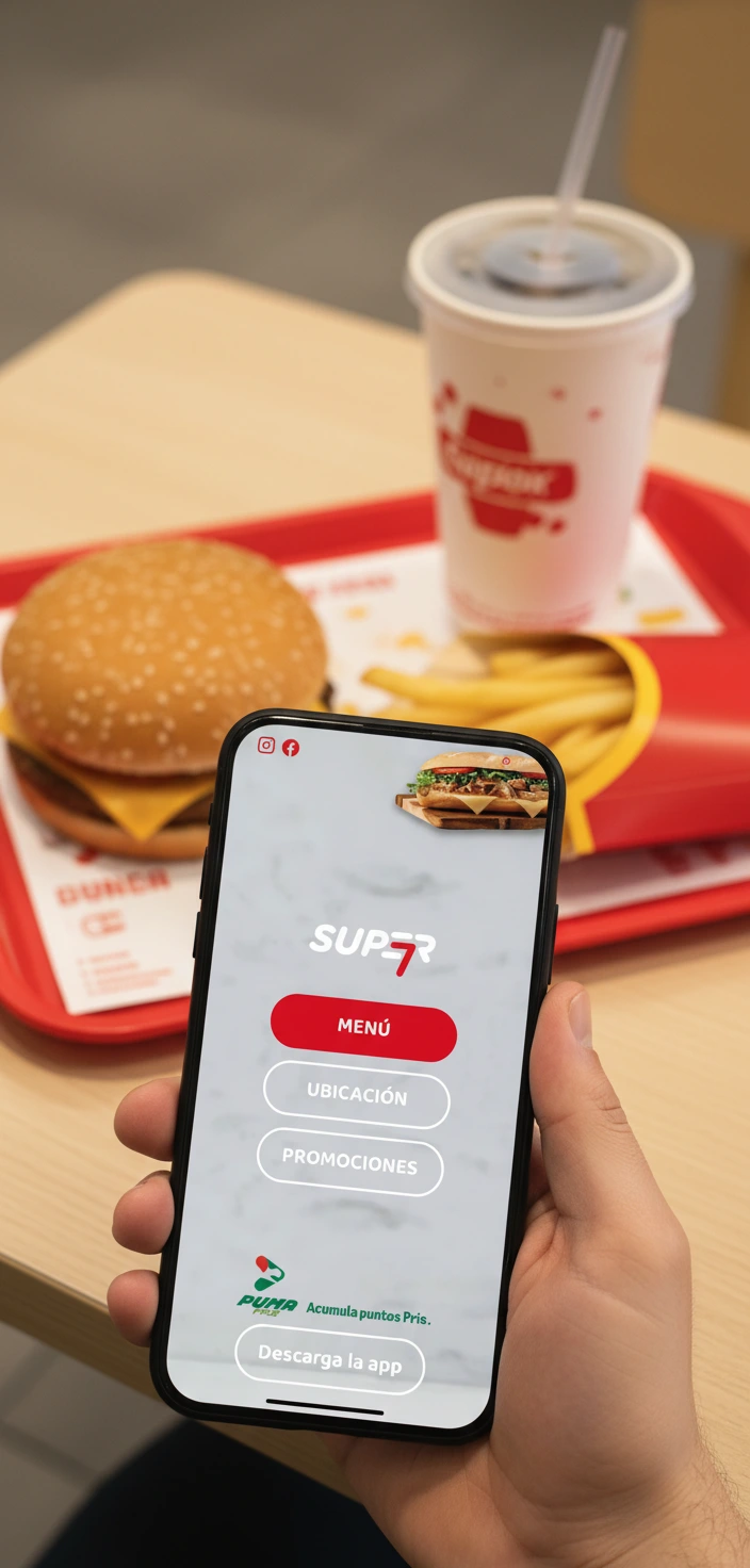 Super7 — mano sosteniendo el menú QR en el restaurante